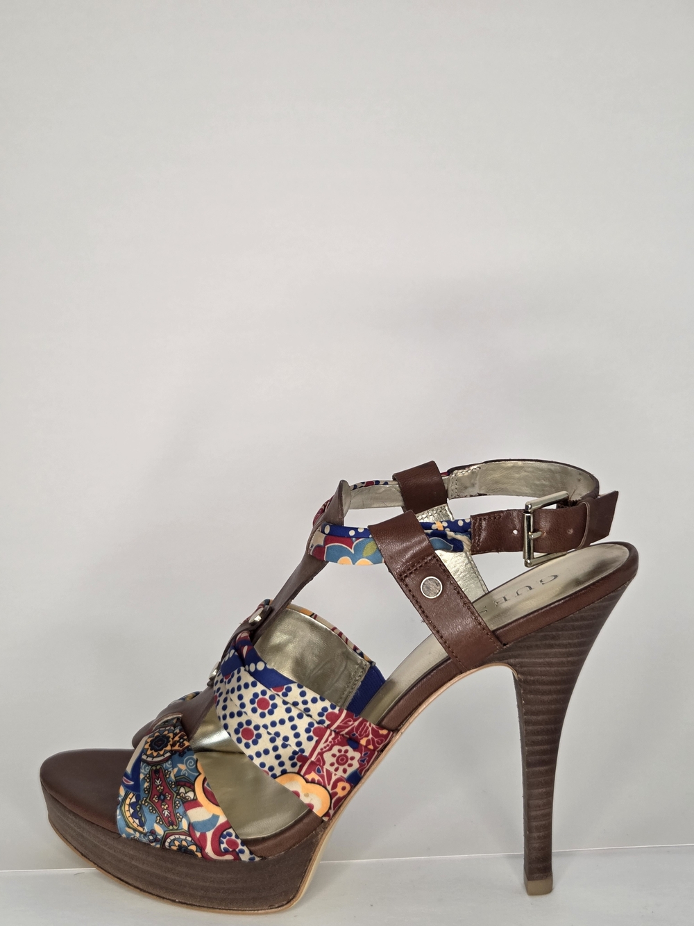 GUESS Kaedi Brown Leather Multi Floral Fabric Platform Sandals Heels - Picture 7 of 12